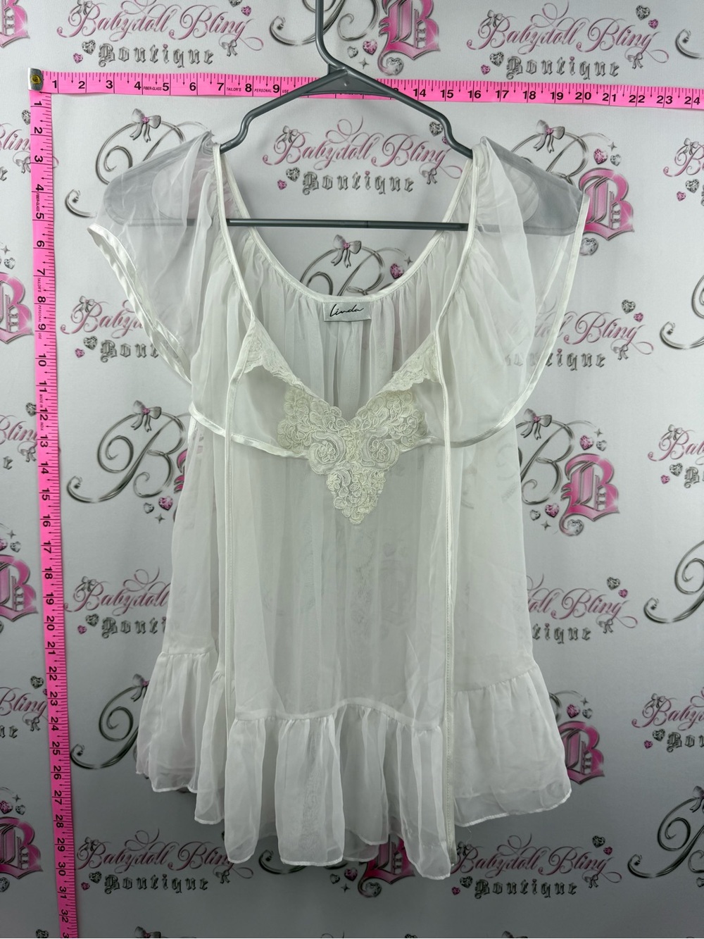 LINDA shirt blouse fairy Sheer Ivory Ruffle Babydoll Top with Lace Applique